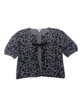 DRESSBARN Animal Print Short Sleeve Cardigan Grey Black XL Ribbon Bow Coquette‎